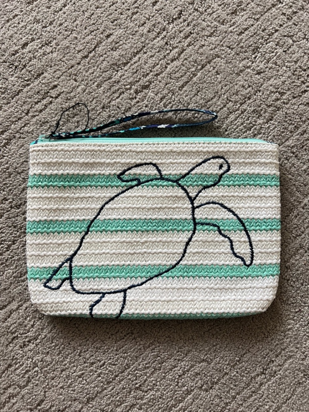 Vera Bradley Striped Woven Turtle Wristlet Pouch in White and Mint
